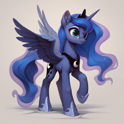 Size: 2048x2048 | Tagged: safe, imported from derpibooru, princess luna, alicorn, pony, ai content, ai generated, crown, cute, ear fluff, folded wings, generator:autismmix pony, generator:stable diffusion, horn, jewelry, lunabetes, prompter:liladash, regalia, simple background, solo, standing, wing fluff, wings