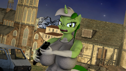 Size: 3840x2160 | Tagged: safe, alternate version, artist:zgsfm, imported from derpibooru, oc, oc only, oc:baetica castanets, anthro, unicorn, 3d, ;p, andalusia, big breasts, breasts, coat markings, female, gun, horn, mare, one eye closed, real betis, shotgun, solo, spain, tongue out, village, weapon