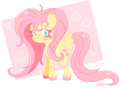 Size: 1192x893 | Tagged: safe, artist:bwunni, imported from derpibooru, fluttershy, pegasus, pony, abstract background, blushing, chibi, cute, female, mare, shyabetes, solo