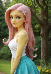 Size: 984x1432 | Tagged: safe, imported from derpibooru, fluttershy, equestria girls, ai content, ai generated, blushing, breasts, clothes, cute, female, generator:pony realism 2.1, hairpin, looking at you, outdoors, prompter:siber, realistic, skirt, solo, tanktop, tree