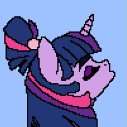 Size: 503x503 | Tagged: safe, artist:enterusxrname, ponerpics exclusive, twilight sparkle, alternate hairstyle, blue background, bust, closed eye, open mouth, pixel art, side view, simple background