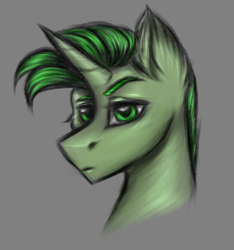 Size: 2250x2400 | Tagged: safe, artist:darklight1315, imported from derpibooru, oc, oc only, oc:absinthe, pony, unicorn, fallout equestria, fallout equestria: mayday, gray background, green eyes, horn, simple background, solo