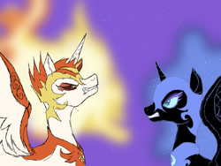 Size: 1280x960 | Tagged: safe, artist:spicyricexxiv, imported from derpibooru, daybreaker, nightmare moon, alicorn, pony, duo, female, mare