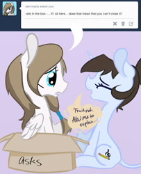 Size: 650x800 | Tagged: safe, artist:bluemusicorn, imported from derpibooru, oc, oc only, oc:mayia, pegasus, pony, unicorn, box, duo, female, horn, mare, pony in a box