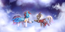 Size: 4000x1993 | Tagged: safe, artist:mirroredsea, imported from derpibooru, oc, oc only, oc:andrew swiftwing, oc:jinx kurai, oc:swift sail, crystal pony, kirin, pegasus, bowtie, clothes, cloud, cloven hooves, dress, duo, duo male and female, female, horn, jewelry, kirin oc, male, pegasus oc, romantic, scales, shipping, smiling, space, spread wings, stars, suit, wings