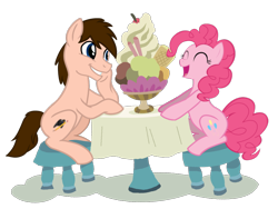 Size: 1024x768 | Tagged: safe, imported from derpibooru, pinkie pie, oc, oc:braden, earth pony, canon x oc, date, dessert, duo, duo male and female, female, food, male, simple background, sitting, table, transparent background