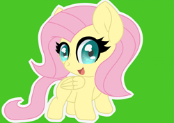 Size: 2283x1614 | Tagged: safe, artist:jmuniz, imported from derpibooru, fluttershy, pegasus, pony, chibi, cute, female, green background, happy, looking at you, mare, open mouth, open smile, outline, shyabetes, simple background, smiling, solo, sticker