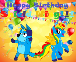 Size: 2178x1783 | Tagged: safe, artist:shieldwingarmorofgod, imported from derpibooru, oc, oc only, oc:shield wing, dog, balloon, bluey, duo, happy birthday, male