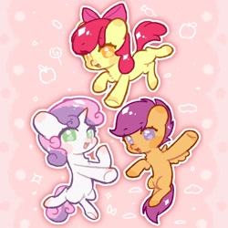 Size: 2880x2879 | Tagged: safe, artist:awei1561, imported from derpibooru, apple bloom, scootaloo, sweetie belle, earth pony, pegasus, pony, unicorn, apple, candy, cloud, cutie mark crusaders, female, filly, foal, food, horn, lollipop, open mouth, outline, pink background, simple background, smiling, sparkles, white outline