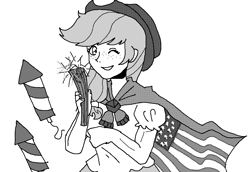 Size: 1116x770 | Tagged: safe, artist:sunnyloquacity, imported from derpibooru, applejack, human, 4th of july, american flag, applejack's hat, cape, clothes, cowboy hat, cute, female, fireworks, freckles, grin, hat, holiday, humanized, jackabetes, monochrome, shirt, simple background, skirt, smiling, solo, white background