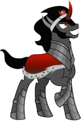 Size: 3000x4495 | Tagged: safe, artist:cloudy glow, imported from derpibooru, king sombra, pony, unicorn, armor, cape, clothes, crown, curved horn, evil grin, grin, horn, jewelry, male, raised hoof, regalia, simple background, smiling, solo, stallion, transparent background