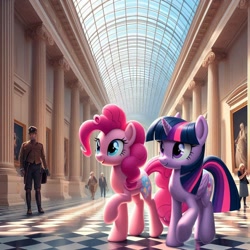 Size: 1024x1024 | Tagged: safe, imported from derpibooru, pinkie pie, twilight sparkle, alicorn, earth pony, ai content, ai generated, checkered floor, duo, duo female, female, mare, museum, pillar, prompter:pinkiepiepics, twilight sparkle (alicorn)