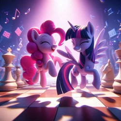 Size: 1024x1024 | Tagged: safe, imported from derpibooru, pinkie pie, twilight sparkle, alicorn, ai content, ai generated, checkered floor, chess piece, chessboard, duo, duo female, eyes closed, female, grin, lesbian, music notes, open mouth, prompter:pinkiepiepics, shipping, smiling, twilight sparkle (alicorn), twinkie