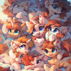 Size: 1024x1024 | Tagged: safe, imported from derpibooru, unicorn, ai content, ai generated, blue eyes, chest fluff, ear fluff, generator:pony diffusion v6 xl, generator:purplesmart.ai, generator:stable diffusion, horn, leg fluff, orange mane, orange tail, pile, prompter:loxaxs, smiling, tail