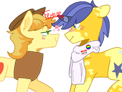 Size: 1600x1200 | Tagged: safe, artist:cerealmiilk, artist:femurthechangeling, imported from derpibooru, braeburn, comet tail, earth pony, pony, unicorn, alternate design, base used, braeburn's hat, clothes, cometburn, duo, duo male, gay, hat, horn, male, rarepair, redesign, scarf, simple background, transparent background, white scarf