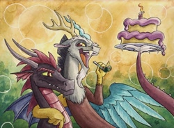 Size: 4446x3274 | Tagged: safe, artist:the-wizard-of-art, imported from derpibooru, discord, oc, draconequus, dragon, birthday cake, cake, dragon oc, duo, duo male, food, high res, horns, hug, male, non-pony oc, open mouth, traditional art, watercolor painting, wings