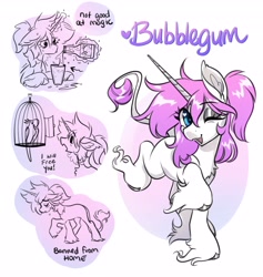 Size: 3879x4096 | Tagged: safe, artist:opalacorn, imported from derpibooru, oc, oc only, oc:bubblegum, bird, pony, unicorn, birdcage, cage, commission, female, hoof fluff, horn, long feather, looking at you, mare, one eye closed, simple background, smiling, smiling at you, solo, white background, wink, winking at you