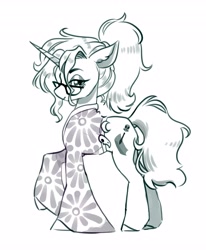 Size: 3379x4096 | Tagged: safe, artist:opalacorn, imported from derpibooru, oc, oc only, pony, unicorn, clothes, female, glasses, grayscale, horn, lidded eyes, looking at you, mare, monochrome, shirt, simple background, smiling, smiling at you, solo, white background