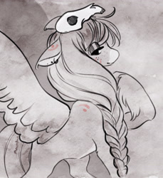 Size: 3445x3764 | Tagged: safe, artist:opalacorn, imported from derpibooru, oc, oc:ondrea, pegasus, pony, abstract background, female, floppy ears, grayscale, lidded eyes, looking at you, mare, monochrome, skull, solo, spread wings, wings