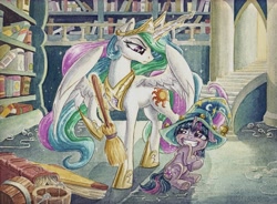 Size: 6839x5020 | Tagged: safe, artist:the-wizard-of-art, imported from derpibooru, princess celestia, twilight sparkle, alicorn, pony, unicorn, absurd resolution, book, bookshelf, broom, celestia is not amused, crown, duo, duo female, female, filly, filly twilight sparkle, foal, glowing, glowing horn, grin, hat, hoof shoes, horn, indoors, jewelry, levitation, looking at each other, looking at someone, magic, magic aura, mare, nervous, nervous grin, peytral, princess shoes, raised hoof, regalia, sheepish grin, sitting, smiling, telekinesis, traditional art, unamused, unicorn twilight, water, watercolor painting, wet, wet mane, wings, younger