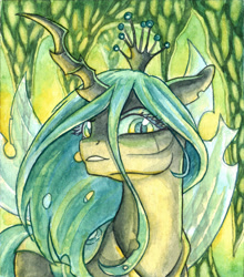 Size: 2190x2486 | Tagged: safe, artist:the-wizard-of-art, imported from derpibooru, queen chrysalis, changeling, changeling queen, crown, female, horn, jewelry, looking at you, regalia, slit pupils, solo, spread wings, traditional art, transparent wings, watercolor painting, wings