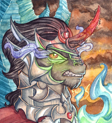 Size: 2188x2411 | Tagged: safe, artist:the-wizard-of-art, imported from derpibooru, king sombra, earth pony, pony, curved horn, high res, horn, looking at you, male, solo, stallion, traditional art, watercolor painting