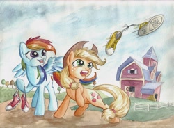 Size: 6814x5003 | Tagged: safe, artist:the-wizard-of-art, imported from derpibooru, applejack, rainbow dash, earth pony, pegasus, pony, absurd resolution, applejack's hat, barn, clothes, converse, cowboy hat, duo, duo female, female, freckles, hat, looking at something, mare, open mouth, open smile, outdoors, raised hoof, shoes, smiling, spread wings, sweet apple acres barn, tail, traditional art, watercolor painting, wings