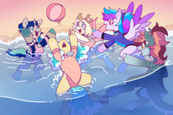 Size: 3000x2000 | Tagged: safe, artist:lionbun, imported from derpibooru, oc, oc only, oc:crimson cove, oc:marina, oc:sea breeze, oc:sea spray, oc:seafoam bay, bat pony, original species, pegasus, shark, shark pony, unicorn, artfight, bat pony oc, bat wings, beach ball, beach day, beack, female, friends, friendship, group, horn, mare, pegasus oc, shark pony oc, unicorn oc, wholesome, wings