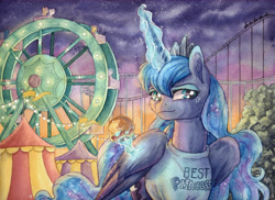 Size: 6934x5037 | Tagged: safe, artist:the-wizard-of-art, imported from derpibooru, fluttershy, princess luna, scootaloo, sweetie belle, alicorn, pony, absurd resolution, best princess, carnival, clothes, commission, crown, ear fluff, eyeshadow, female, ferris wheel, folded wings, glowing, glowing horn, horn, jewelry, levitation, looking at you, magic, magic aura, makeup, mare, offscreen character, outdoors, regalia, shirt, smiling, smiling at you, solo focus, telekinesis, traditional art, watercolor painting, wings