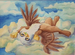 Size: 6847x5015 | Tagged: safe, artist:the-wizard-of-art, imported from derpibooru, gilda, griffon, absurd resolution, behaving like a cat, cloud, female, griffons doing cat things, lying down, lying on a cloud, on a cloud, on back, outdoors, sky, solo, traditional art, watercolor painting