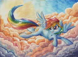 Size: 6822x5010 | Tagged: safe, artist:the-wizard-of-art, imported from derpibooru, rainbow dash, pegasus, pony, absurd resolution, cloud, female, flying, looking back, mare, open mouth, open smile, sky, smiling, solo, spread wings, tail, traditional art, watercolor painting, wings