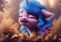 Size: 1216x832 | Tagged: safe, imported from derpibooru, izzy moonbow, pony, unicorn, ai content, ai generated, crying, cute, daaaaaaaaaaaw, female, g5, horn, izzybetes, mare, outdoors, prompter:izzymoonbow 444, sad, sadorable, solo