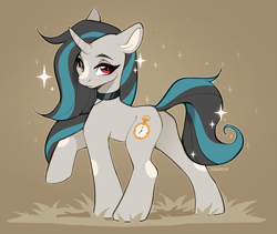 Size: 3337x2818 | Tagged: safe, artist:sugarstar, imported from derpibooru, oc, oc only, oc:smoky spectre, pony, unicorn, butt, collar, grass, horn, long hair, looking at you, looking back, looking back at you, plot, raised hoof, solo, sparkles, standing