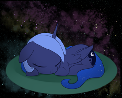 Size: 2093x1676 | Tagged: safe, artist:dusthiel, imported from derpibooru, princess luna, pony, unicorn, atg 2024, female, horn, lying down, mare, newbie artist training grounds, ponyloaf, prone, sleeping, solo, space