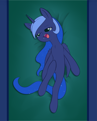 Size: 1675x2092 | Tagged: safe, artist:dusthiel, imported from derpibooru, princess luna, alicorn, pony, atg 2024, chest fluff, drool, featureless crotch, female, lying down, mare, newbie artist training grounds, on back, solo