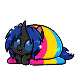 Size: 600x600 | Tagged: safe, artist:sugar morning, imported from derpibooru, oc, oc only, oc:swift dawn, changeling, blanket, blue changeling, blue eyes, changeling oc, commission, cute, cuteling, fangs, flag, happy, horn, looking at you, lying down, male, ocbetes, pansexual pride flag, pride, pride flag, prone, simple background, smiling, solo, transparent background, ych result