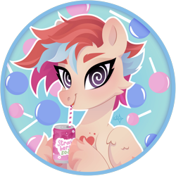 Size: 1920x1920 | Tagged: safe, artist:kabuvee, imported from derpibooru, oc, oc only, oc:cardia, pegasus, birthmark, candy, cheek fluff, commission, drink, food, gradient mane, hooves, icon, lollipop, no source available, pegasus oc, soda, soda can, swirly eyes, unshorn fetlocks, wings