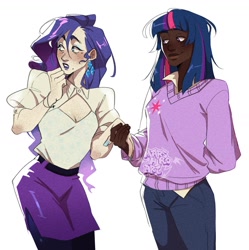 Size: 1680x1688 | Tagged: safe, artist:marshiroart, color edit, edit, imported from derpibooru, rarity, twilight sparkle, human, belt, blushing, boob window, clothes, colored, dark skin, duo, duo female, ear piercing, earring, eyeshadow, female, holding hands, humanized, jewelry, lesbian, lipstick, makeup, nail polish, pants, piercing, skin color edit