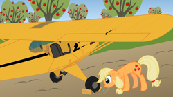 Size: 4000x2250 | Tagged: safe, artist:ifollowroads, imported from derpibooru, applejack, earth pony, pony, apple, apple tree, female, food, mare, mouth hold, plane, solo, sweet apple acres, tree, vehicle