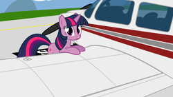 Size: 4000x2250 | Tagged: safe, artist:ifollowroads, imported from derpibooru, twilight sparkle, pony, unicorn, female, horn, leaning, looking at you, mare, plane, smiling, solo, unicorn twilight, vehicle