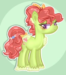 Size: 725x820 | Tagged: safe, artist:chalaea, imported from twibooru, parasol, oc, oc:lolli parasol, earth pony, parasprite, bow, bow on dock, freckles, image, looking at you, needs more jpeg, red mane, simple background, unshorn fetlocks