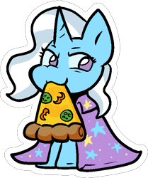 Size: 510x610 | Tagged: safe, artist:zutcha, imported from derpibooru, trixie, pony, unicorn, female, food, hatless, horn, mare, missing accessory, mouth hold, pizza, simple background, sitting, solo, transparent background