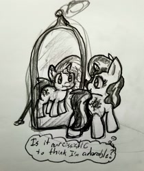 Size: 1726x2054 | Tagged: safe, artist:zutcha, imported from derpibooru, sunset shimmer, pony, unicorn, female, grayscale, horn, mare, mirror, monochrome, pencil drawing, reflection, solo, thought bubble, traditional art