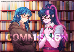 Size: 1996x1404 | Tagged: safe, artist:hiru3152, artist:lzjian79, imported from derpibooru, indigo zap, sci-twi, twilight sparkle, human, equestria girls, alternate hairstyle, book, collaboration, commission, female, glasses, lesbian, library, shipping, twizap