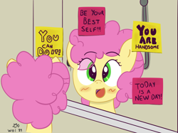 Size: 1010x755 | Tagged: safe, artist:wanda, imported from derpibooru, li'l cheese, earth pony, pony, the last problem, bathroom, blushing, colt, foal, happy, male, mirror, ponified animal photo, reflection, smiling, solo, sticker, text