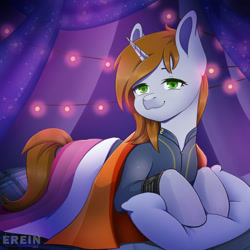 Size: 2000x2000 | Tagged: safe, alternate version, artist:erein, imported from derpibooru, oc, oc only, oc:littlepip, pony, unicorn, fallout equestria, alternate character, bedroom, clothes, commission, ears up, female, flag, garland, green eyes, high res, horn, indoors, jumpsuit, lesbian, lesbian pride flag, lgbt, looking at you, night, pillow, pride, pride flag, pride month, room, smiling, smiling at you, solo, string lights, tail, unicorn oc, ych result