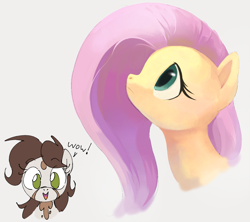 Size: 1046x929 | Tagged: safe, artist:dotkwa, imported from derpibooru, fluttershy, oc, oc:deary dots, earth pony, pegasus, pony, bust, duo, duo female, female, looking at you, looking up, mare, simple background, white background, wow