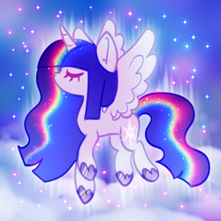 Size: 916x916 | Tagged: safe, artist:cutiesparke, imported from derpibooru, twilight sparkle, alicorn, pony, alternate cutie mark, alternate design, alternate hairstyle, cloud, colored wings, ear fluff, ethereal mane, ethereal tail, eyes closed, female, flying, gradient hooves, gradient wings, hoof shoes, solo, sparkles, spread wings, tail, wings