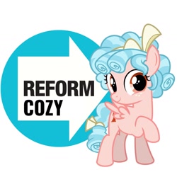 Size: 1440x1440 | Tagged: safe, imported from derpibooru, cozy glow, pegasus, pony, current events, female, filly, foal, logo, politics, pun, reform uk, simple background, solo, united kingdom, white background