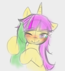 Size: 526x577 | Tagged: artist needed, safe, oc, oc only, oc:twill, human, pony, unicorn, blushing, bootleg, bootleg pony, crying, female, gray background, human on pony petting, mare, one ear down, petting, simple background, tears of joy, teary eyes, unkempt mane